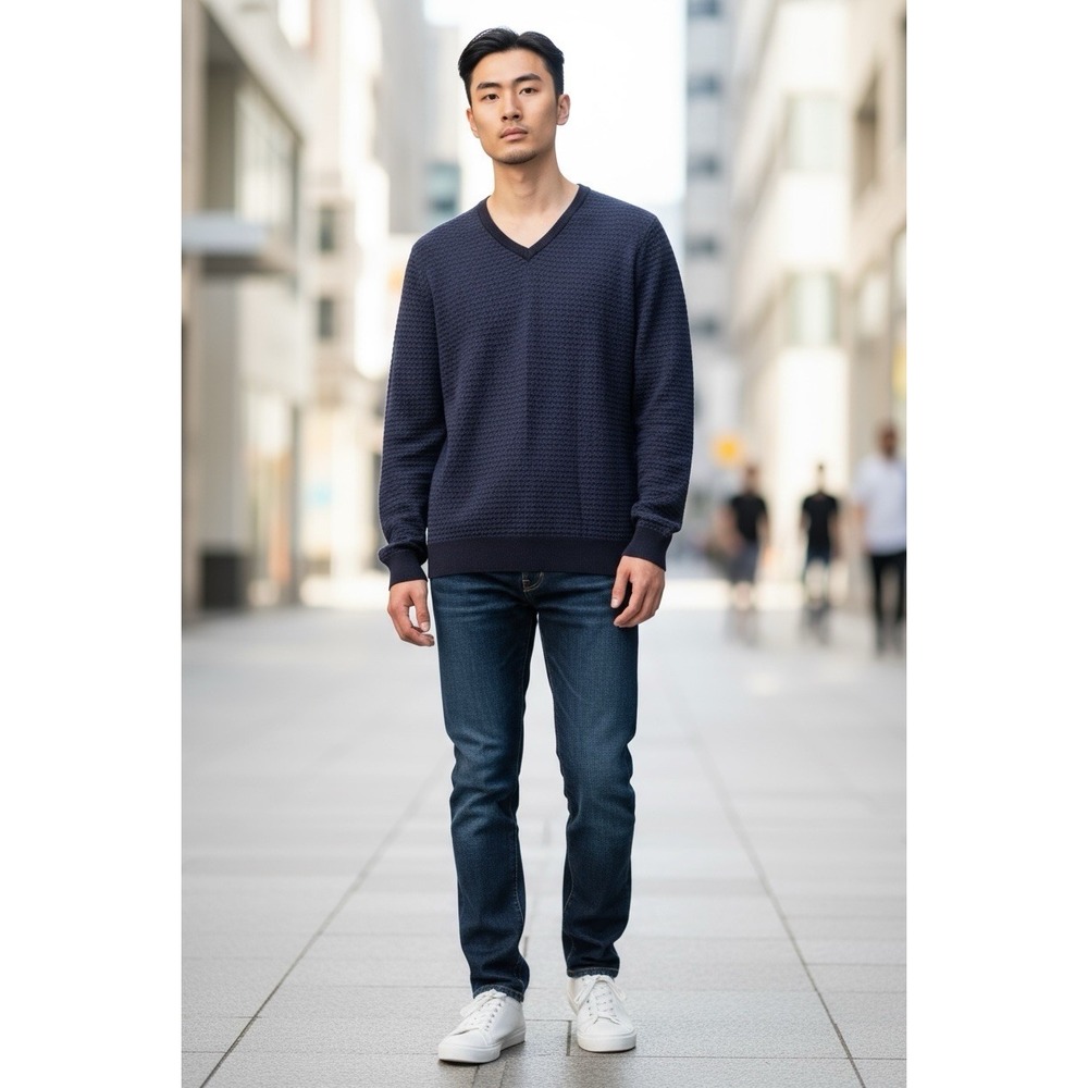 Tasso Elba Mens V Neck Rice Stitch Navy Cotton Pullover Sweater Size Small